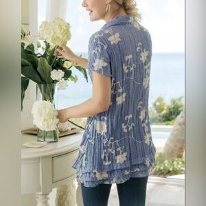 Soft Surroundings Fiorian Crinkle short sleeve embroidered tunic top, Size XL